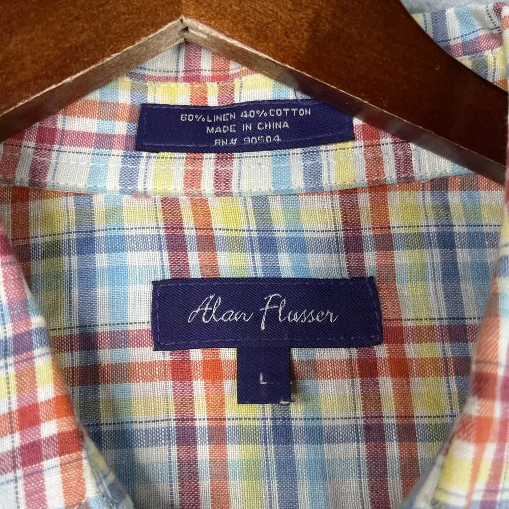 Alan Flusser Linen Blend Shirt Colorful Plaid Pocket Short Sleeve Button Up L